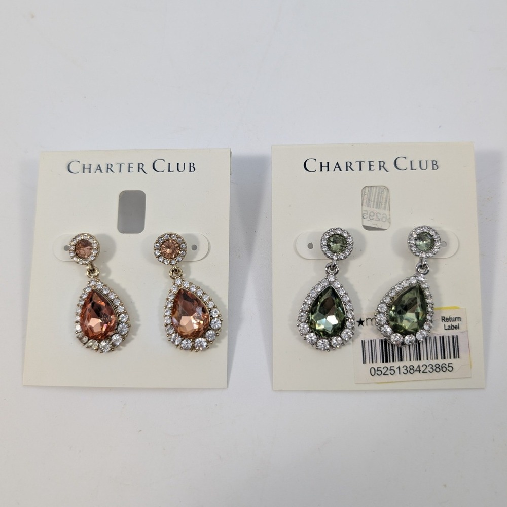 Lot o f 2 Charter Club Crystal Teardrop Drop Earrings Amber & Green - NEW